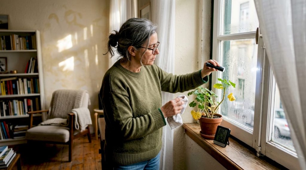 Mulher observa o aparecimento de humidade na janela de casa