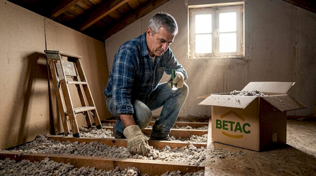 Técnico a verificar o isolamento de celulose no sótão