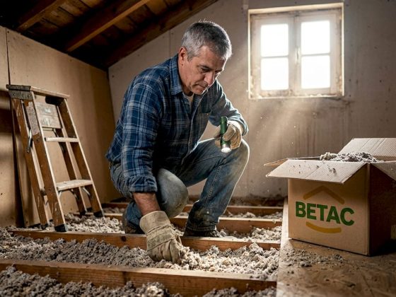 Técnico a verificar o isolamento de celulose no sótão