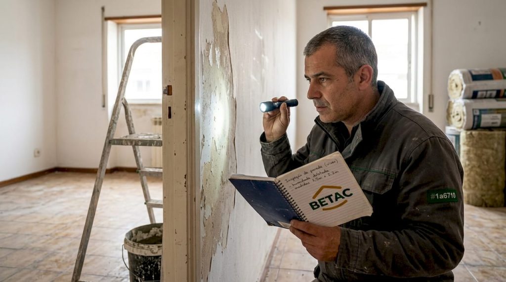 Especialista analisa parede para aplicação de isolamento natural