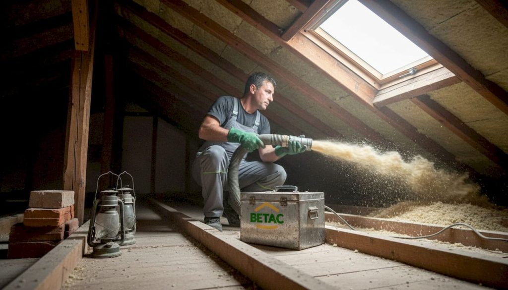 Profissional instala isolamento em celulose no sótão da habitação