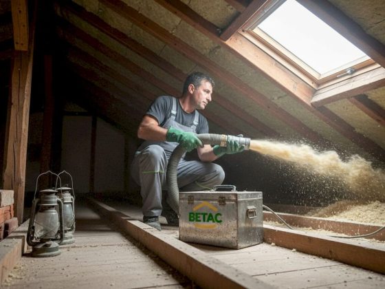 Profissional instala isolamento em celulose no sótão da habitação