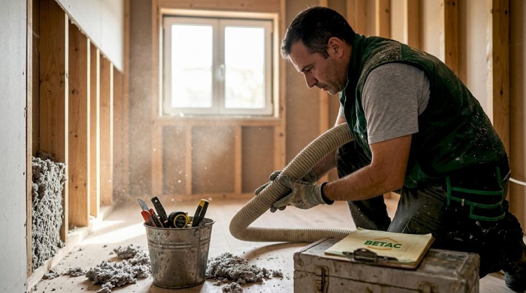 Profissional faz a aplicação de isolamento em celulose numa habitação