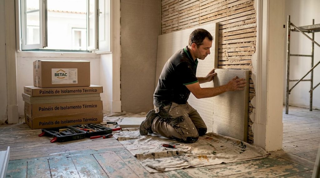 Profissional a colocar isolamento térmico num apartamento em Lisboa