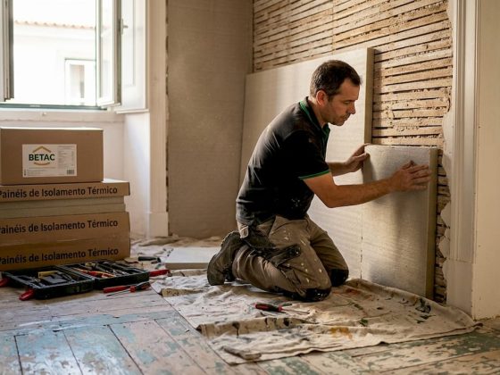 Profissional a colocar isolamento térmico num apartamento em Lisboa