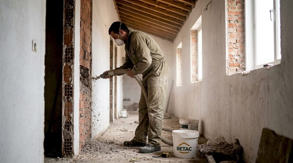 Profissional a aplicar isolamento de celulose numa parede em construção