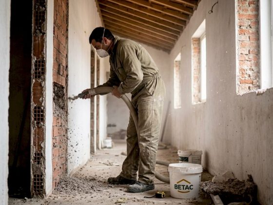 Profissional a aplicar isolamento de celulose numa parede em construção