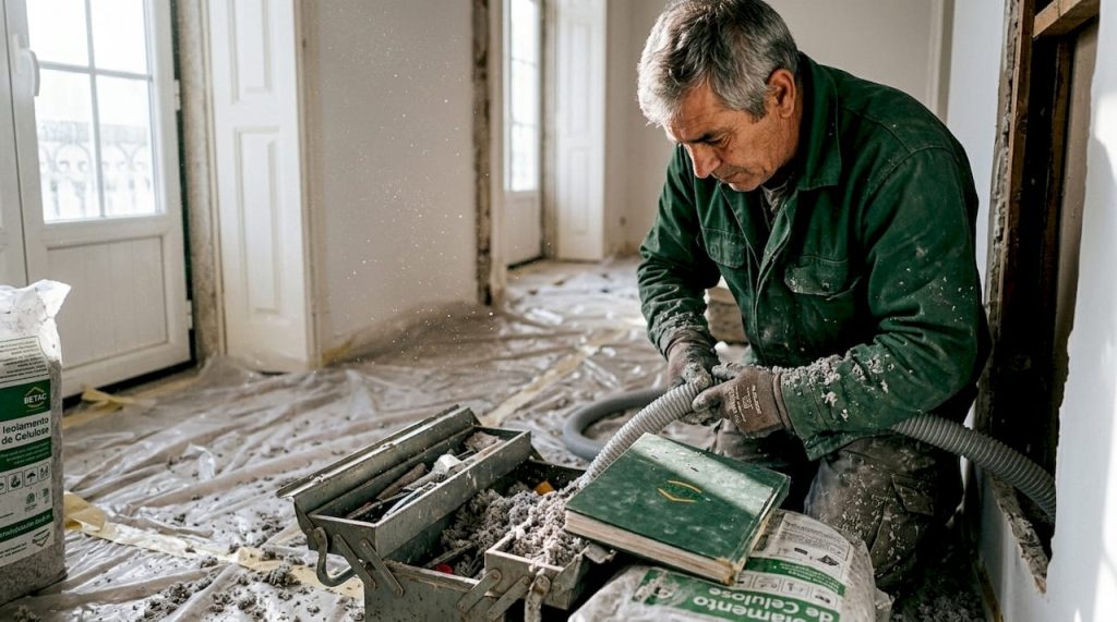 Profissional aplica celulose em trabalhos de construção civil.
