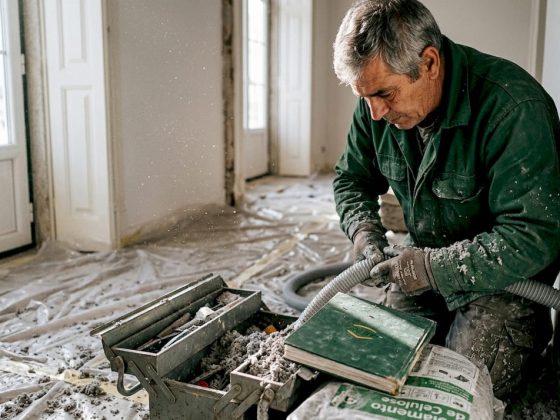 Profissional aplica celulose em trabalhos de construção civil.
