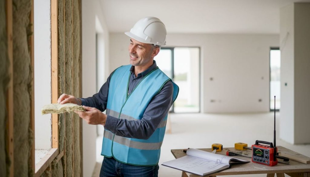 Engenheiro realiza vistoria ao isolamento em celulose numa obra