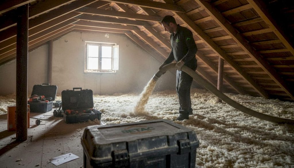 Profissional a aplicar isolamento de celulose no sótão