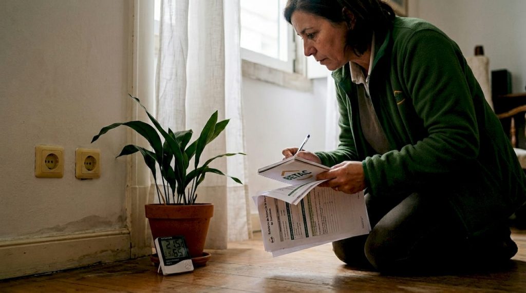 Mulher analisa o isolamento térmico de uma parede na sala