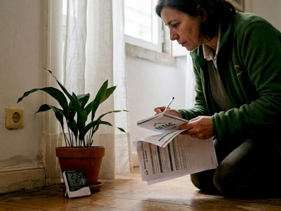 Mulher analisa o isolamento térmico de uma parede na sala
