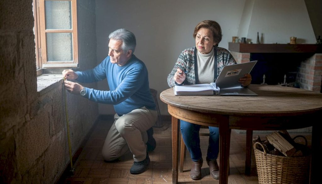Casal a analisar a parede para perceber se vale a pena reforçar o isolamento.