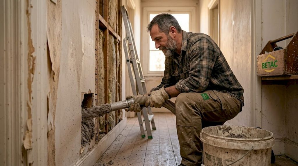 Aplicação de isolamento em fibra de celulose nas paredes