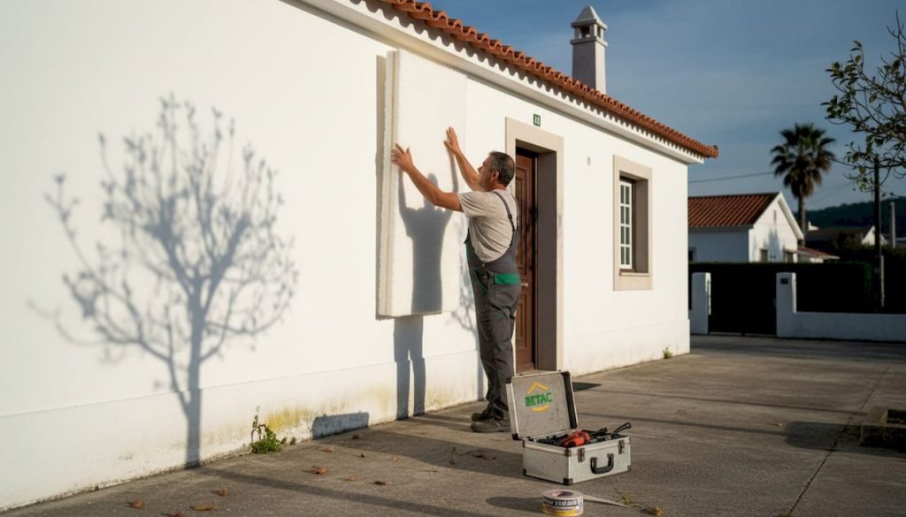 Técnico a aplicar painéis de isolamento numa habitação