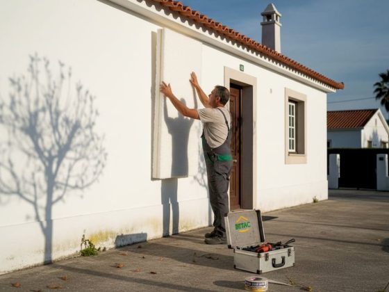 Técnico a aplicar painéis de isolamento numa habitação