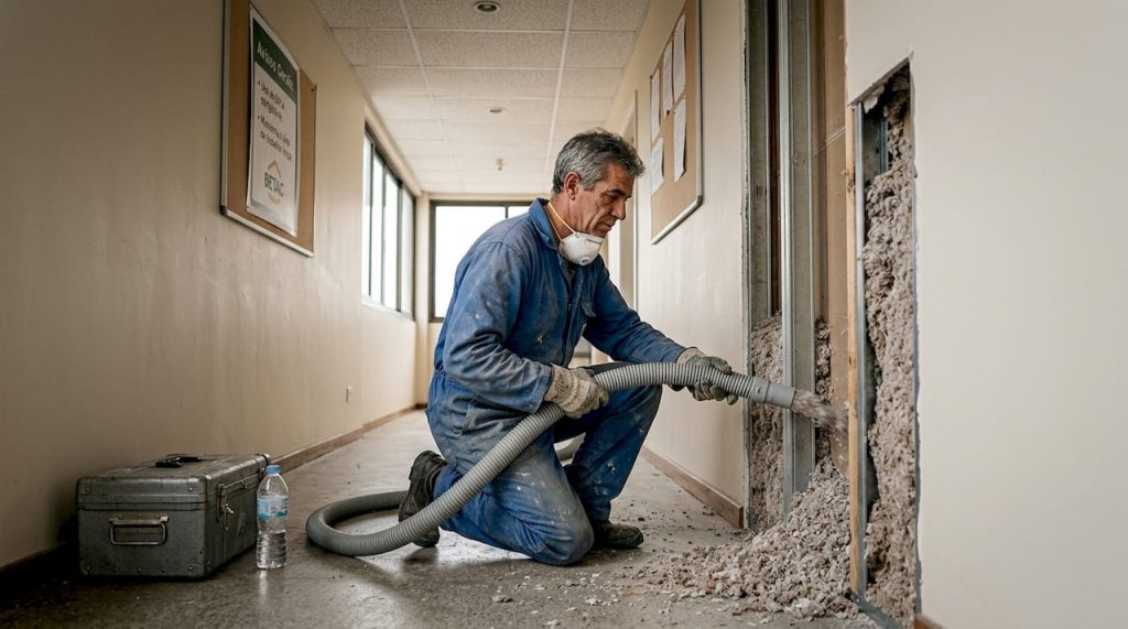 Técnico a aplicar isolamento com fibra de celulose
