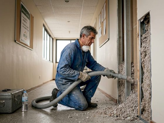 Técnico a aplicar isolamento com fibra de celulose