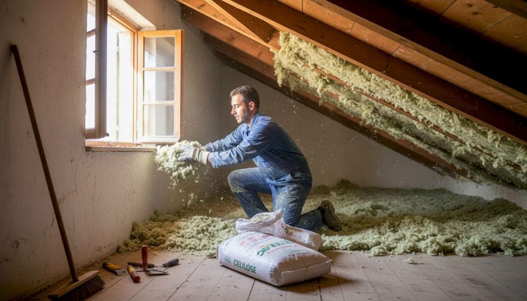 Colocação manual de isolamento de celulose no sótão de uma habitação