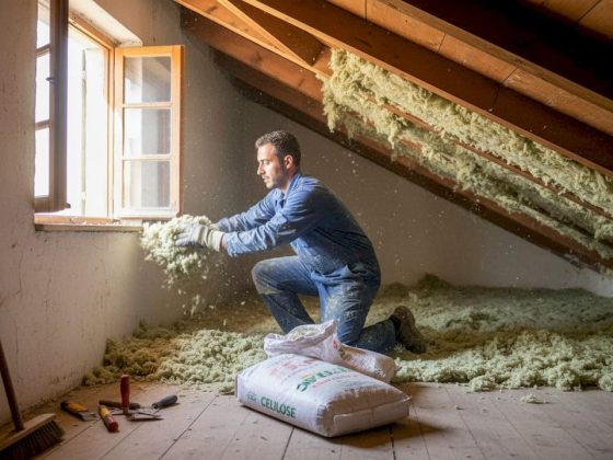 Colocação manual de isolamento de celulose no sótão de uma habitação