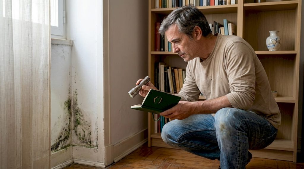 Homem examina parede com manchas de humidade