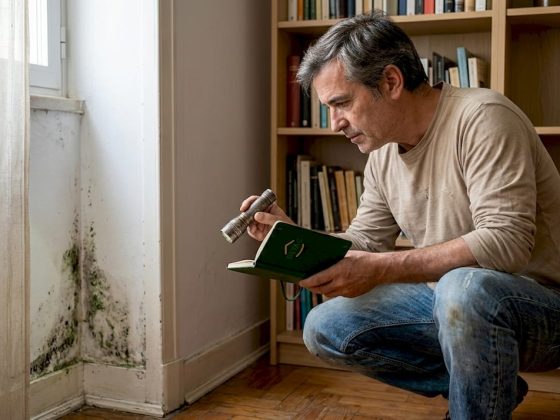 Homem examina parede com manchas de humidade