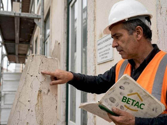 Engenheiro avalia a fachada do edifício para garantir um correto isolamento térmico.
