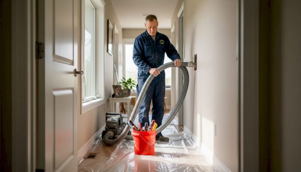 Profissional aplica isolamento de celulose numa parede de uma habitação