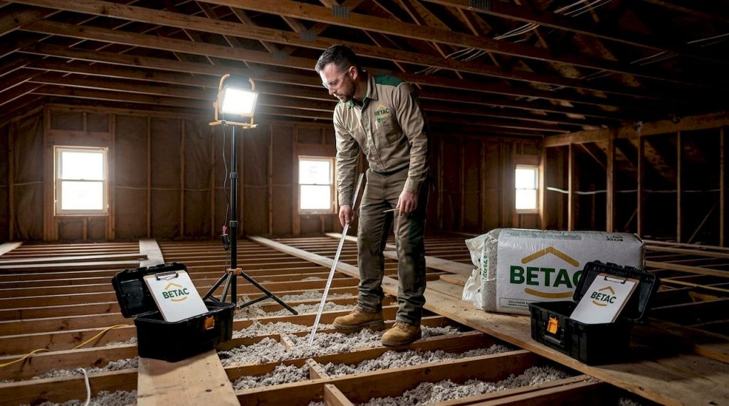 Especialista verifica o isolamento no sótão de um espaço comercial