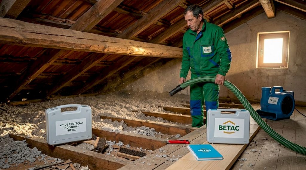 Profissional aplica isolamento de celulose no sótão