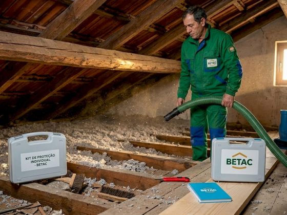 Profissional aplica isolamento de celulose no sótão