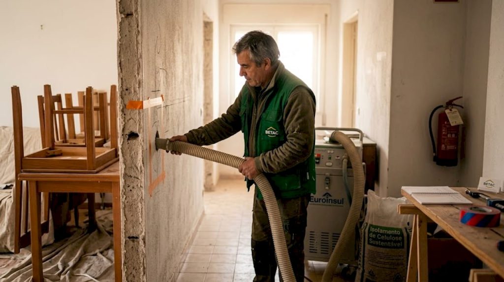 Técnico aplica isolamento de celulose projetada na parede
