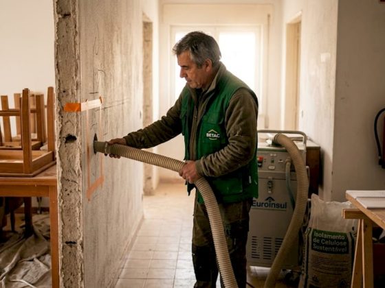 Técnico aplica isolamento de celulose projetada na parede