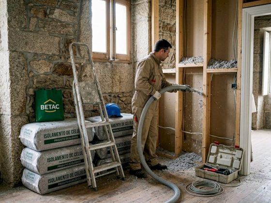 Profissional aplica isolamento em celulose numa parede de uma casa antiga