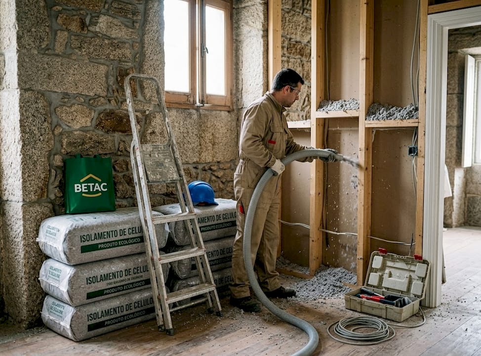 Profissional aplica isolamento em celulose numa parede de uma casa antiga