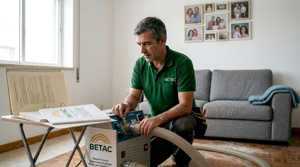 Um técnico está a aplicar isolamento insuflado numa sala da casa.