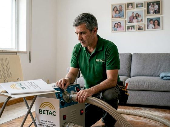 Um técnico está a aplicar isolamento insuflado numa sala da casa.