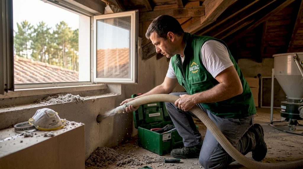 Profissional está a aplicar celulose nas paredes da casa para melhorar o isolamento.
