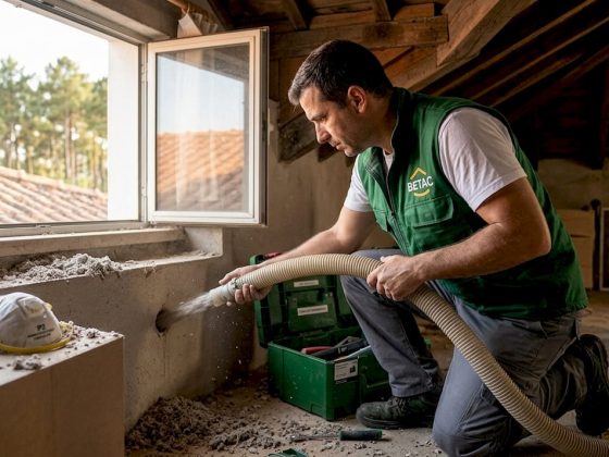 Profissional está a aplicar celulose nas paredes da casa para melhorar o isolamento.