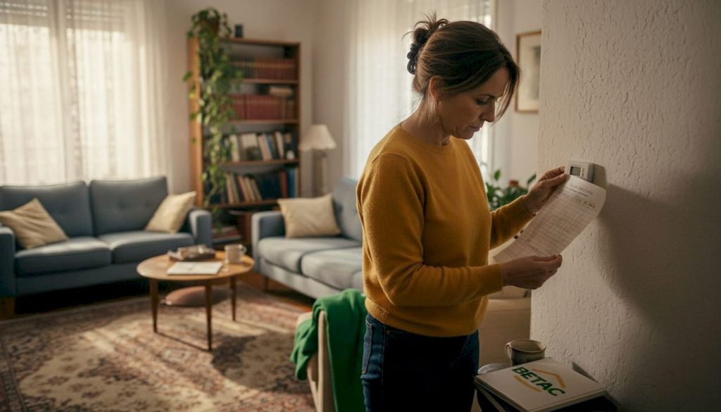 Uma mulher observa atentamente o consumo de energia junto à parede da sala, analisando os dados disponíveis.