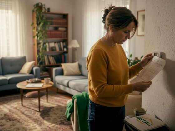 Uma mulher observa atentamente o consumo de energia junto à parede da sala, analisando os dados disponíveis.
