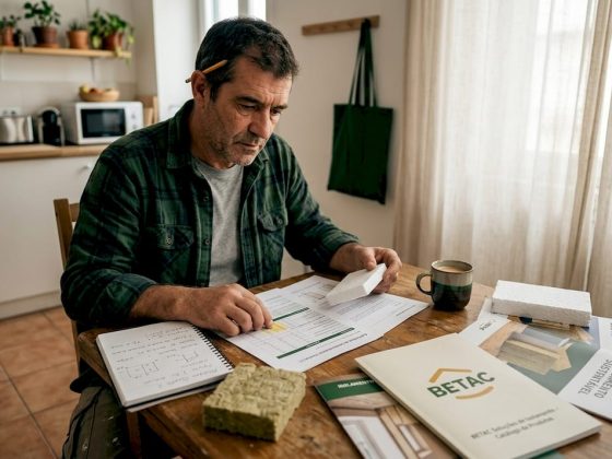 Empreiteiro a analisar os planos de isolamento numa casa
