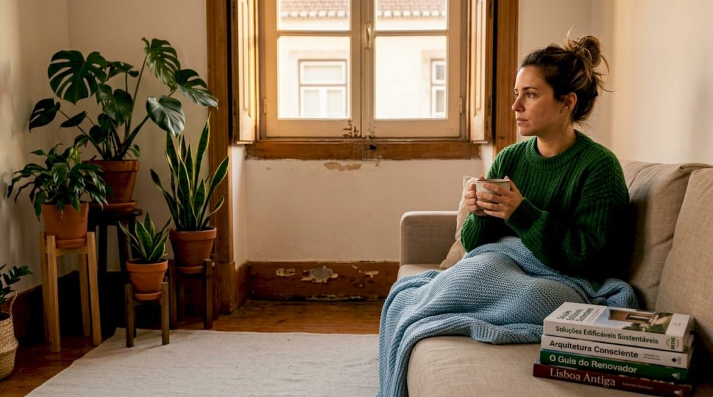 Mulher desfruta de um momento de relaxamento numa sala confortável, graças ao isolamento térmico.