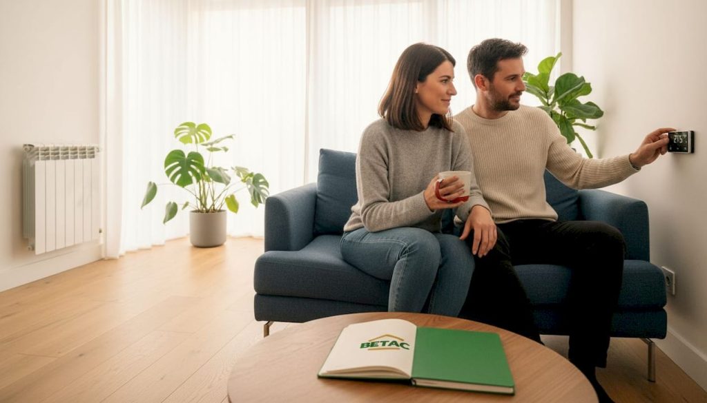 Casal regula a temperatura na sala de estar moderna