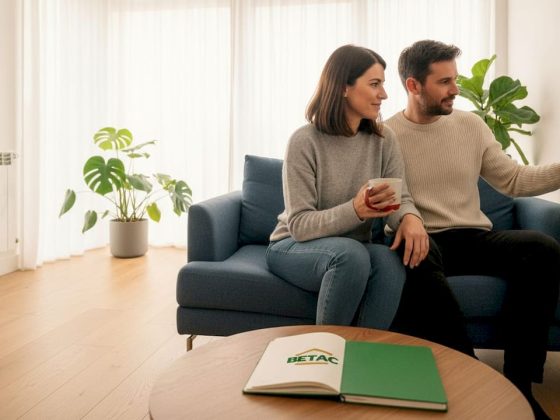 Casal regula a temperatura na sala de estar moderna