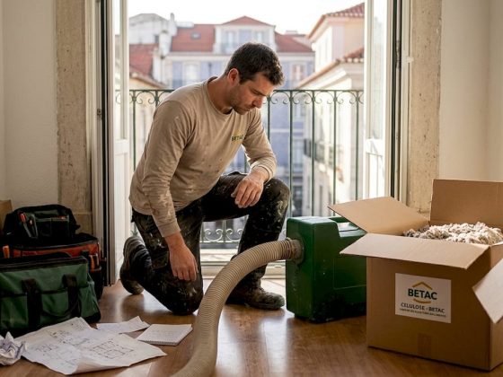 Profissional prepara-se para aplicar fibra de celulose