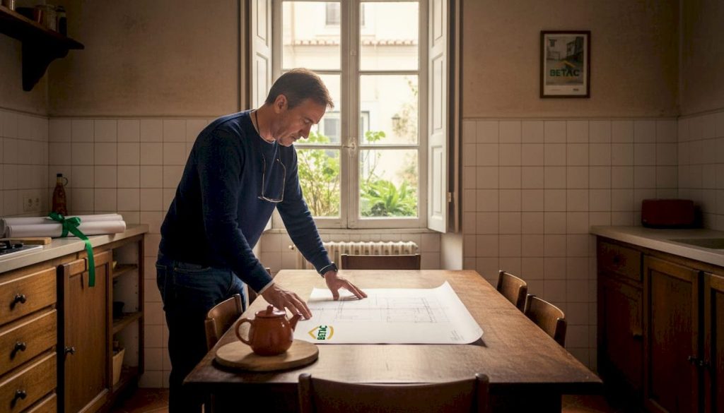 Proprietário a analisar plantas numa casa antiga portuguesa