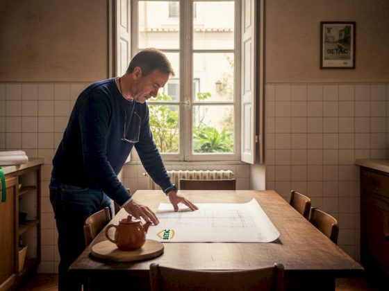 Proprietário a analisar plantas numa casa antiga portuguesa