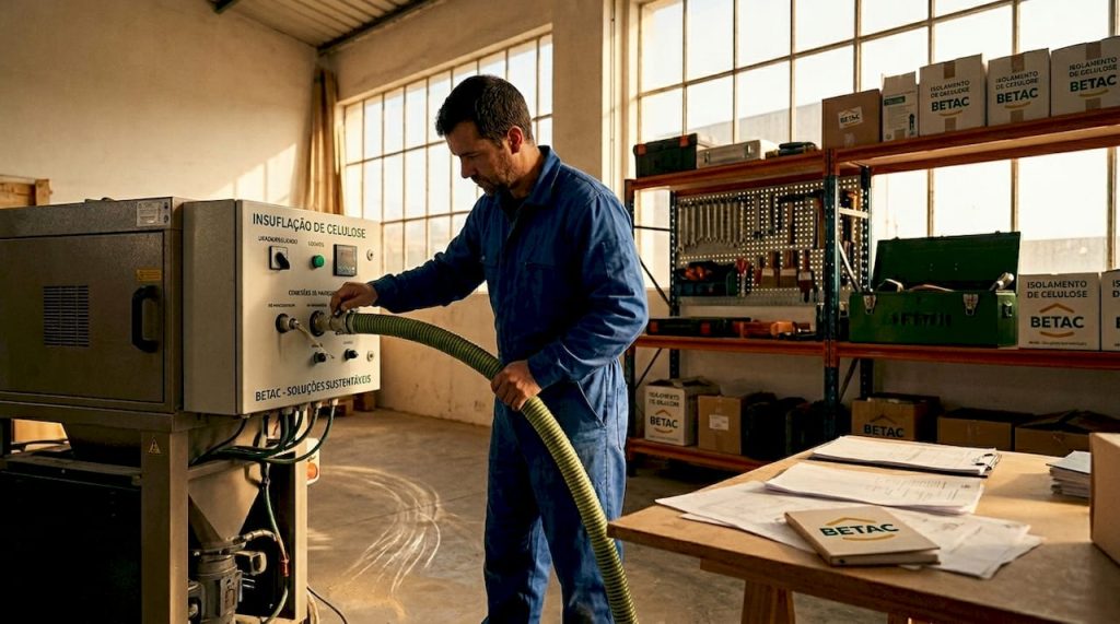 Técnico a preparar o equipamento de insuflação numa sala de escritório